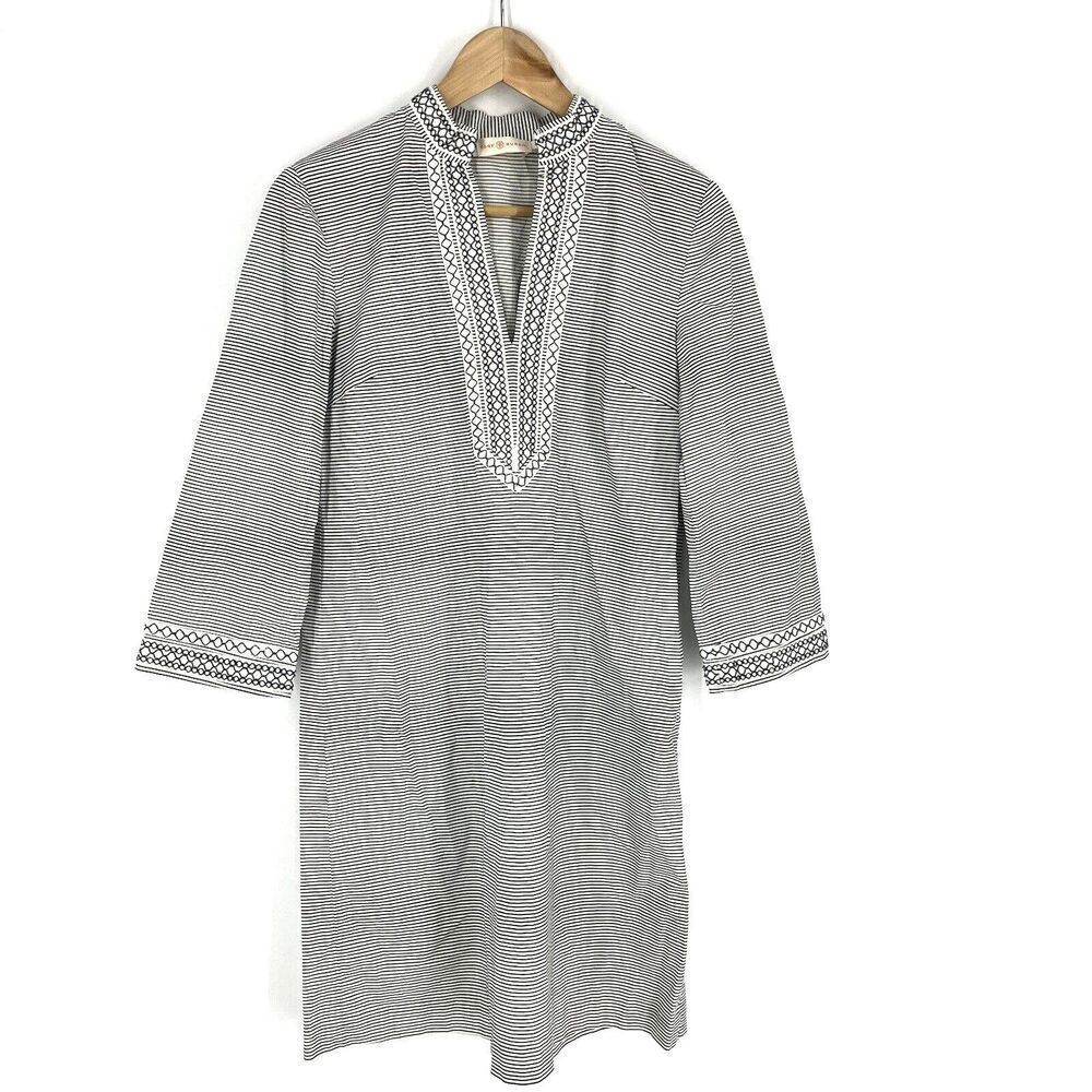 Tory Burch Tunic Dress Size 4 Women Blue White Embroidered Striped V Neck Kaftan
